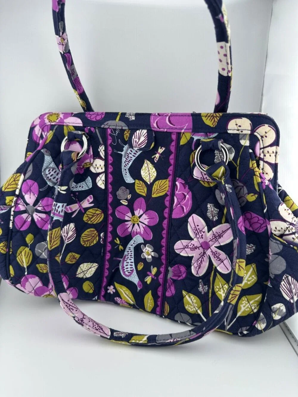 Vera Bradley Floral Nightingale Alice Handbag Bag Kisslock Quilted Purple Floral